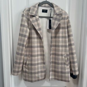 Tahari Plaid Faux Suede Blazer NWT size Small Open‎ Front Longline Beige Black